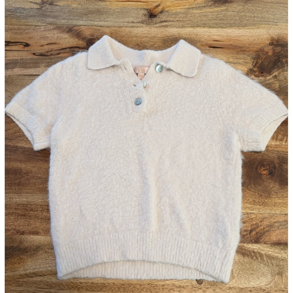 GUESS Womens Small Pink Fuzzy Knit Polo Sweater‎ Short Sleeve Y2K Baby Tee Top